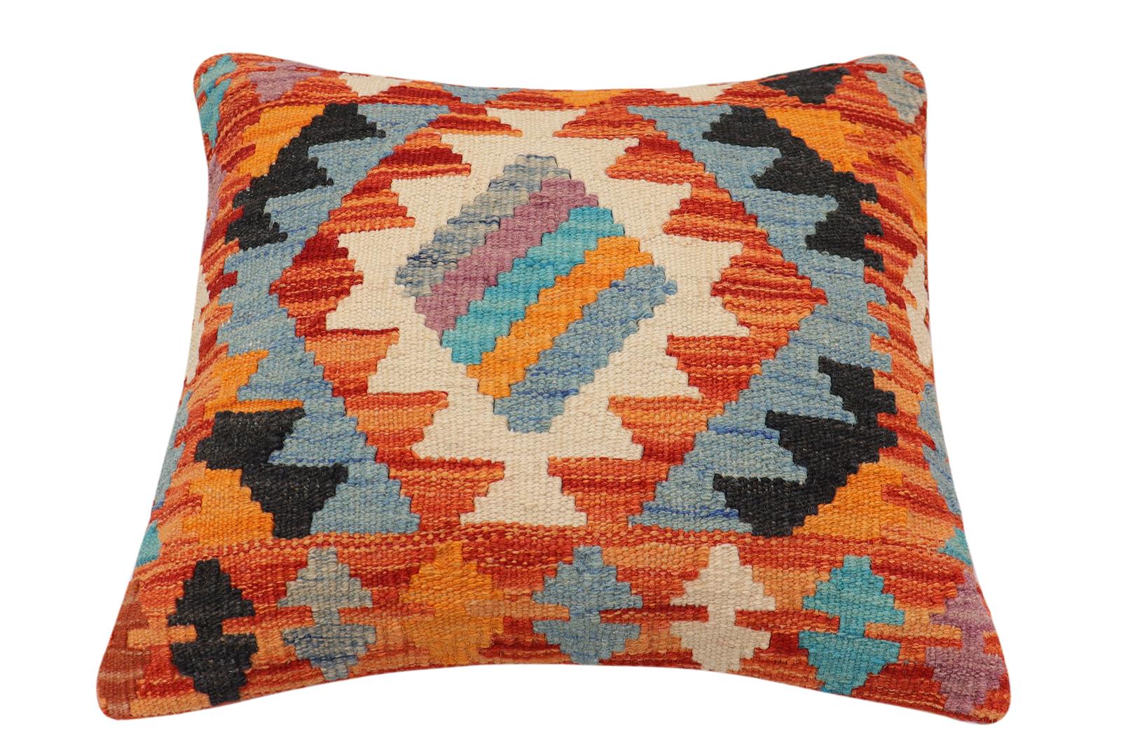 handmade Traditional Pillow Rust Blue Hand-Woven SQUARE 100% WOOL  Hand woven turkish pillow  2 x 2
