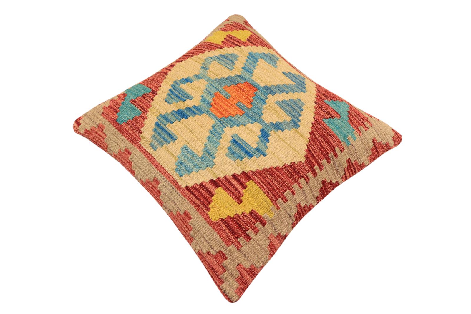 handmade Traditional Pillow Red Blue Hand-Woven SQUARE 100% WOOL  Hand woven turkish pillow  PILLOW
