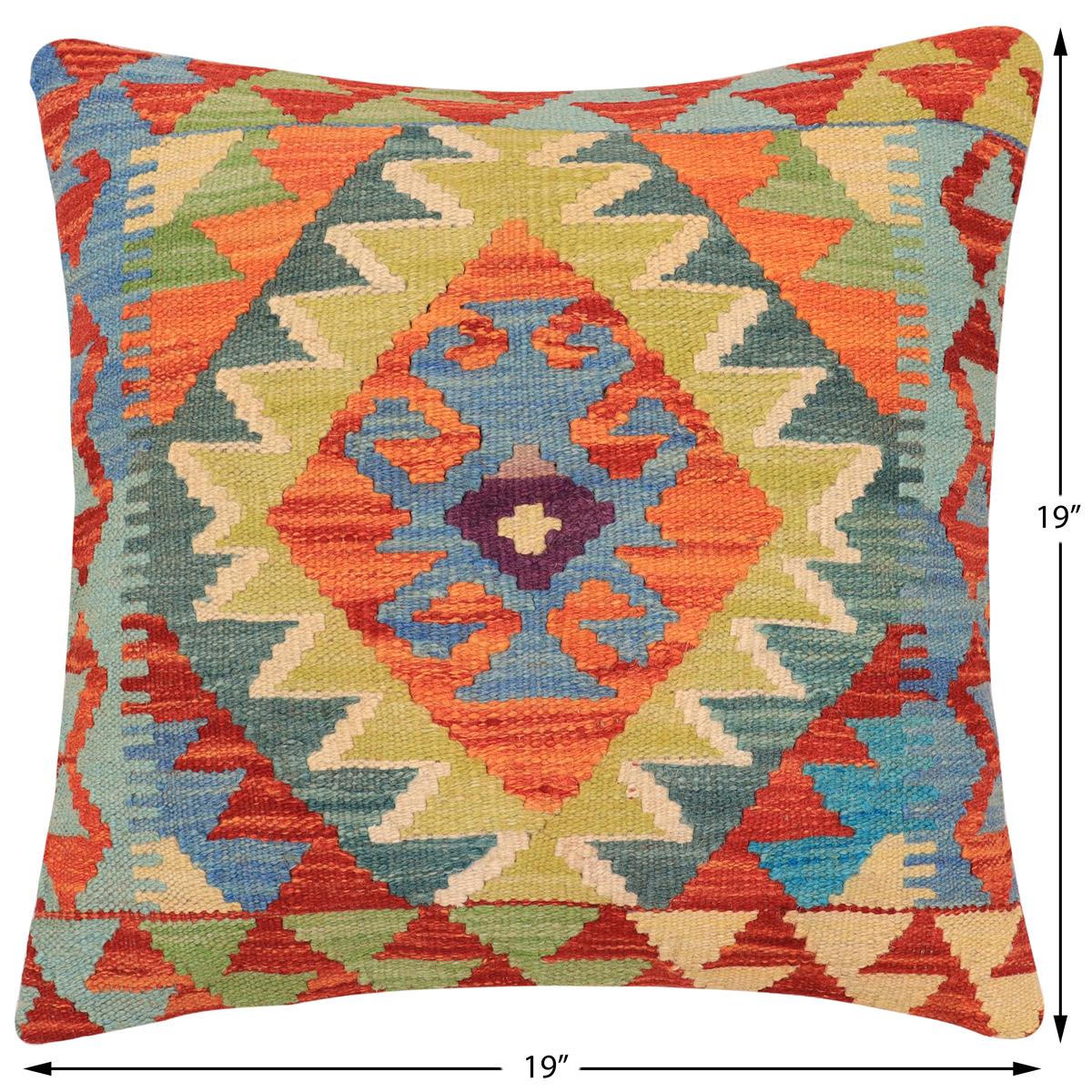 handmade Traditional Pillow Rust Blue Hand-Woven SQUARE 100% WOOL  Hand woven turkish pillow  2 x 2