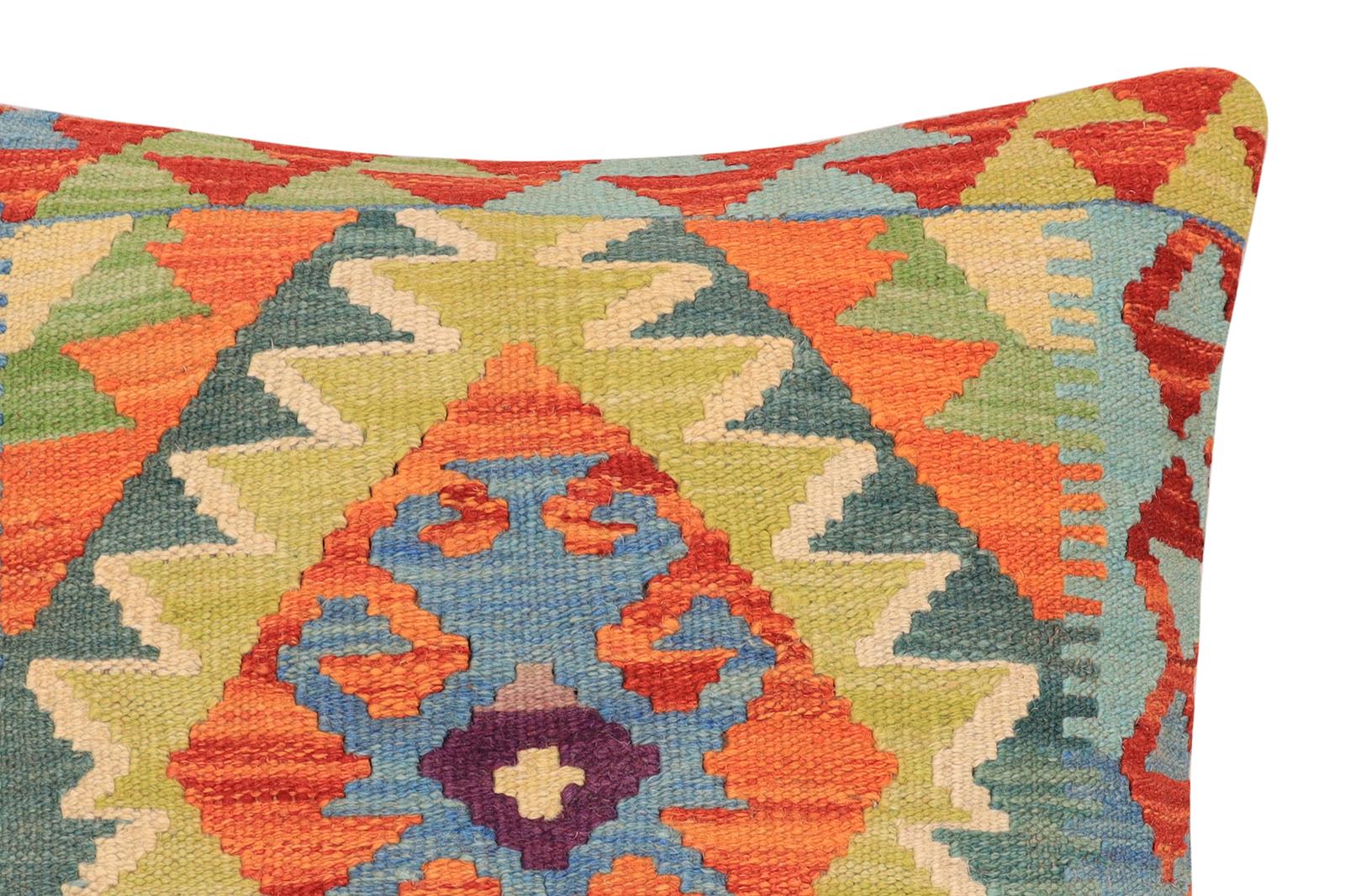 handmade Traditional Pillow Rust Blue Hand-Woven SQUARE 100% WOOL  Hand woven turkish pillow  2 x 2