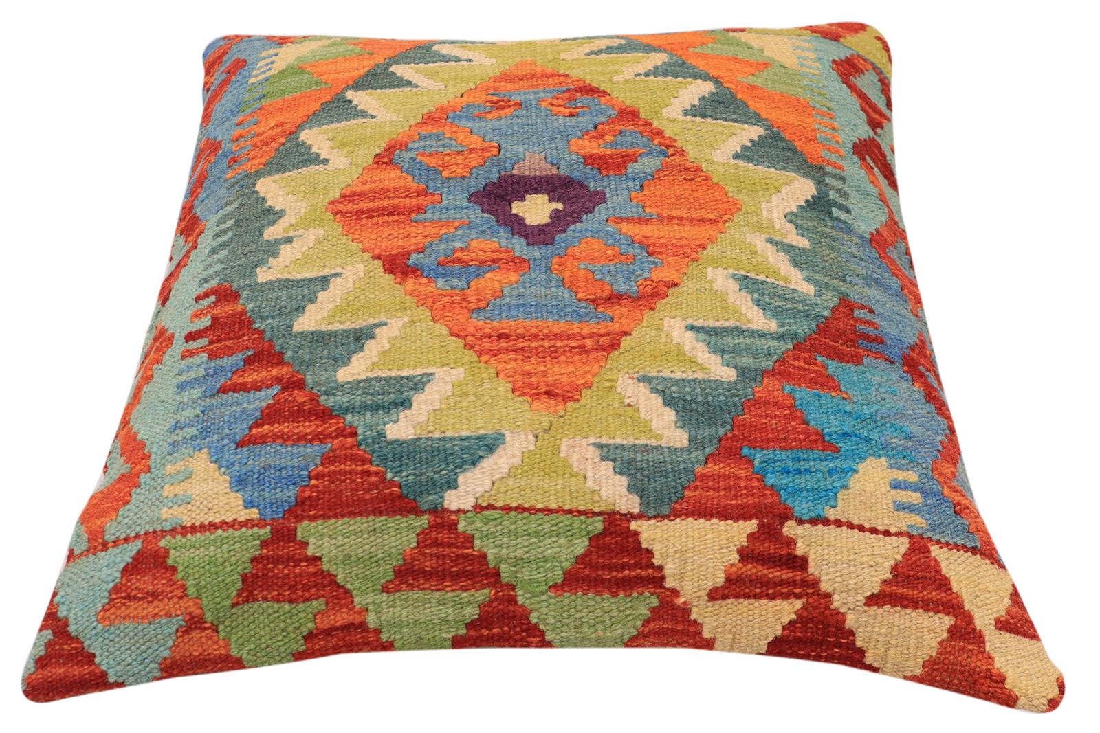 handmade Traditional Pillow Rust Blue Hand-Woven SQUARE 100% WOOL  Hand woven turkish pillow  2 x 2
