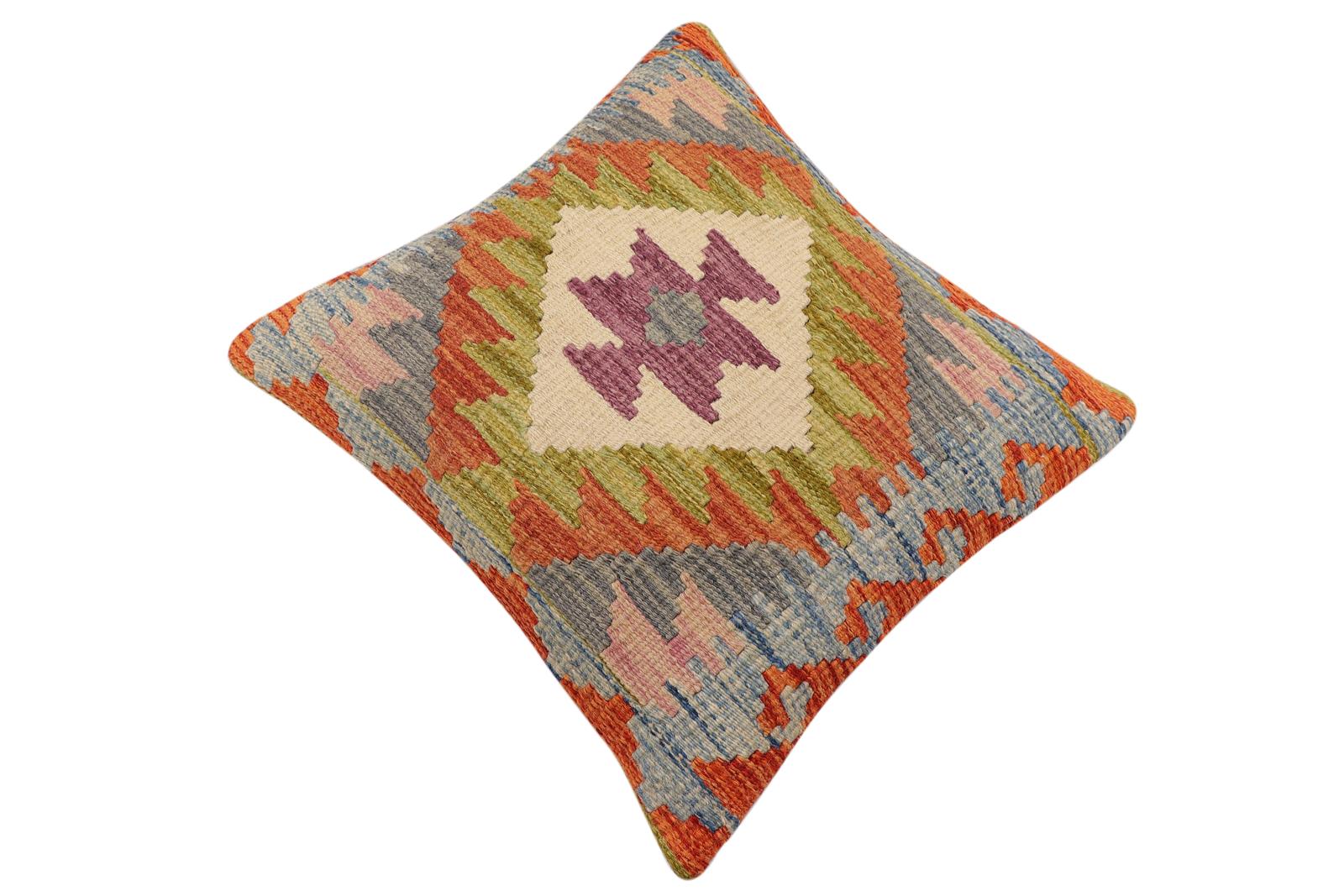 handmade Traditional Pillow Rust Blue Hand-Woven SQUARE 100% WOOL  Hand woven turkish pillow  2 x 2