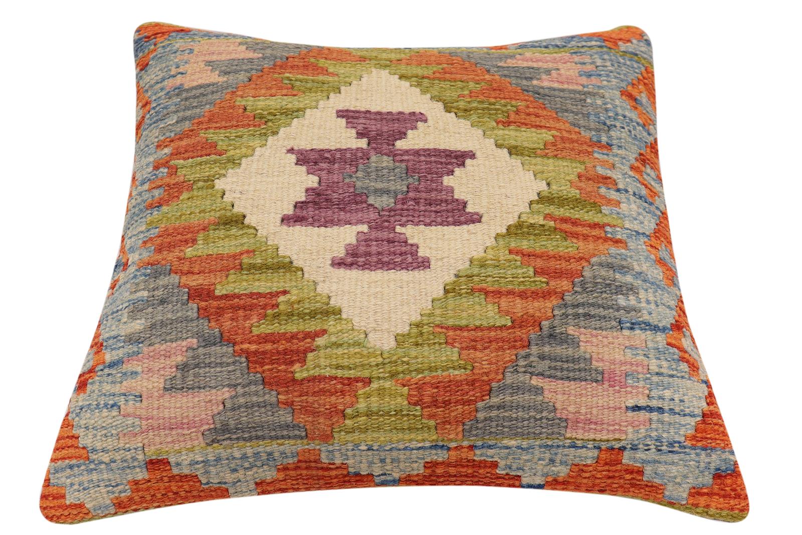 handmade Traditional Pillow Rust Blue Hand-Woven SQUARE 100% WOOL  Hand woven turkish pillow  2 x 2
