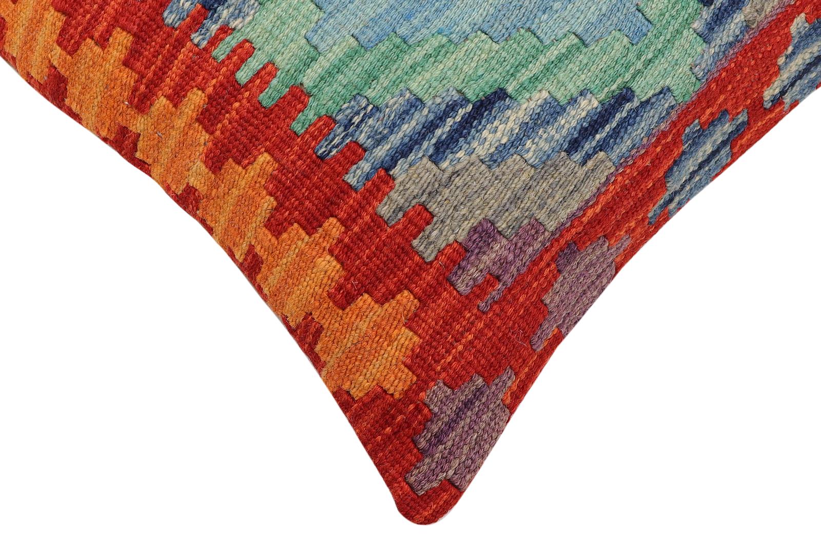 handmade Traditional Pillow Rust Blue Hand-Woven SQUARE 100% WOOL  Hand woven turkish pillow  2 x 2