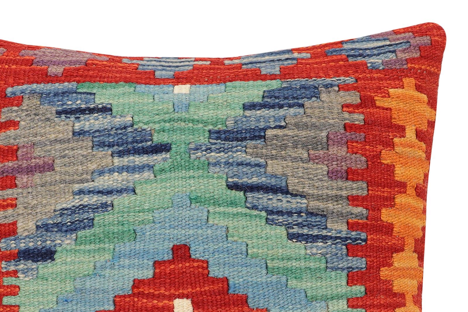 handmade Traditional Pillow Rust Blue Hand-Woven SQUARE 100% WOOL  Hand woven turkish pillow  2 x 2