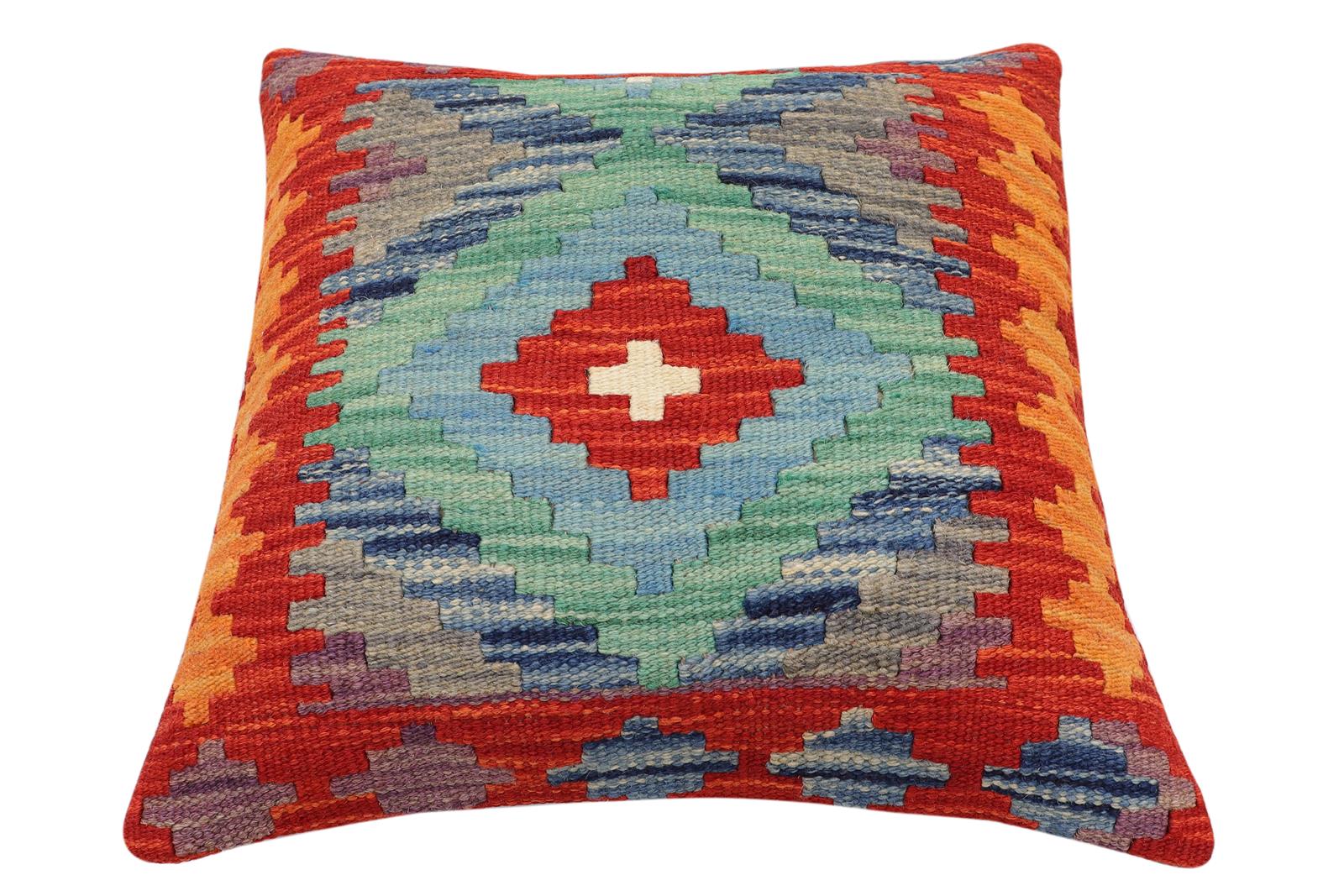 handmade Traditional Pillow Rust Blue Hand-Woven SQUARE 100% WOOL  Hand woven turkish pillow  2 x 2