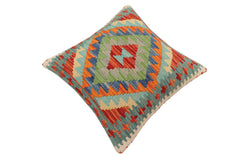 handmade Traditional Pillow Rust Blue Hand-Woven SQUARE 100% WOOL  Hand woven turkish pillow  2 x 2