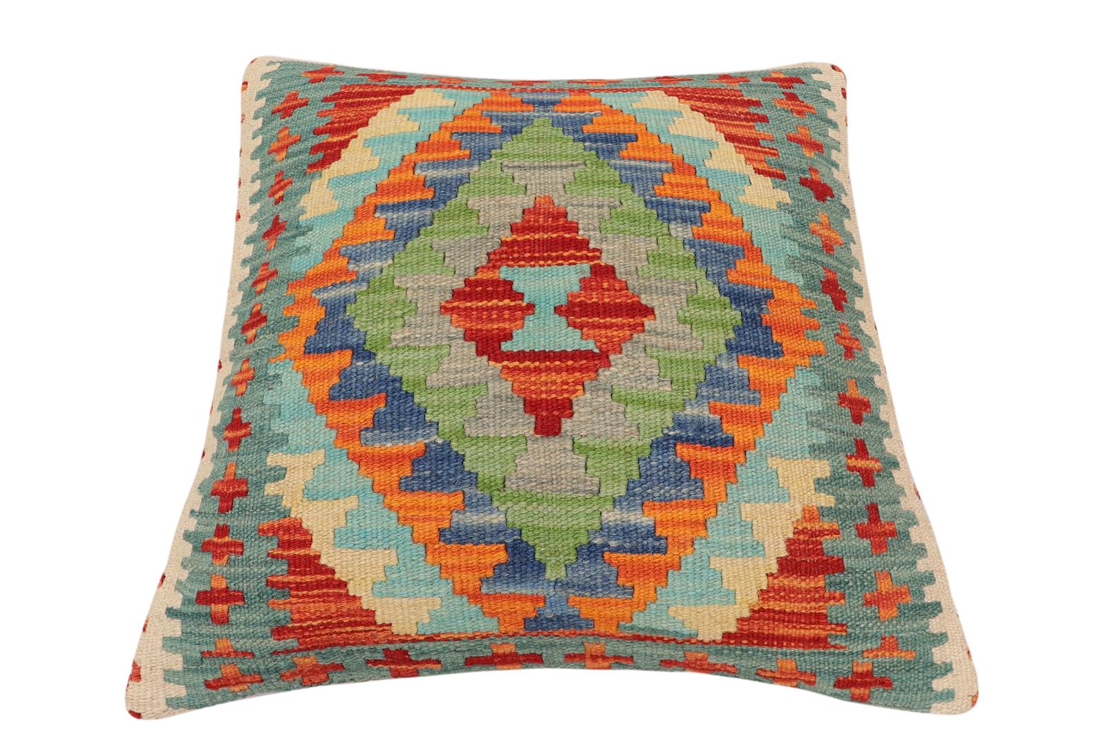 handmade Traditional Pillow Rust Blue Hand-Woven SQUARE 100% WOOL  Hand woven turkish pillow  2 x 2