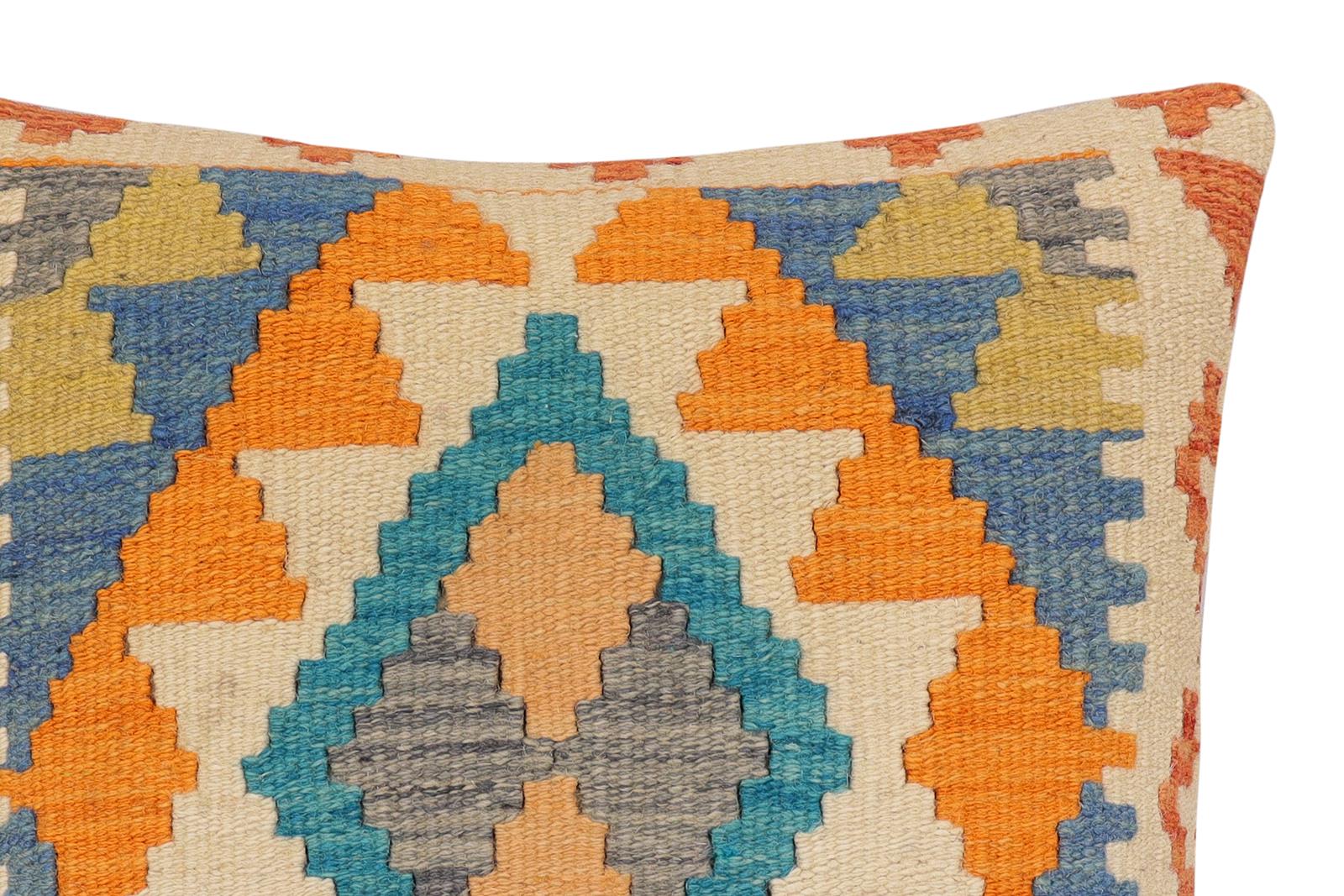 handmade Traditional Pillow Blue Beige Hand-Woven SQUARE 100% WOOL  Hand woven turkish pillow  2 x 2