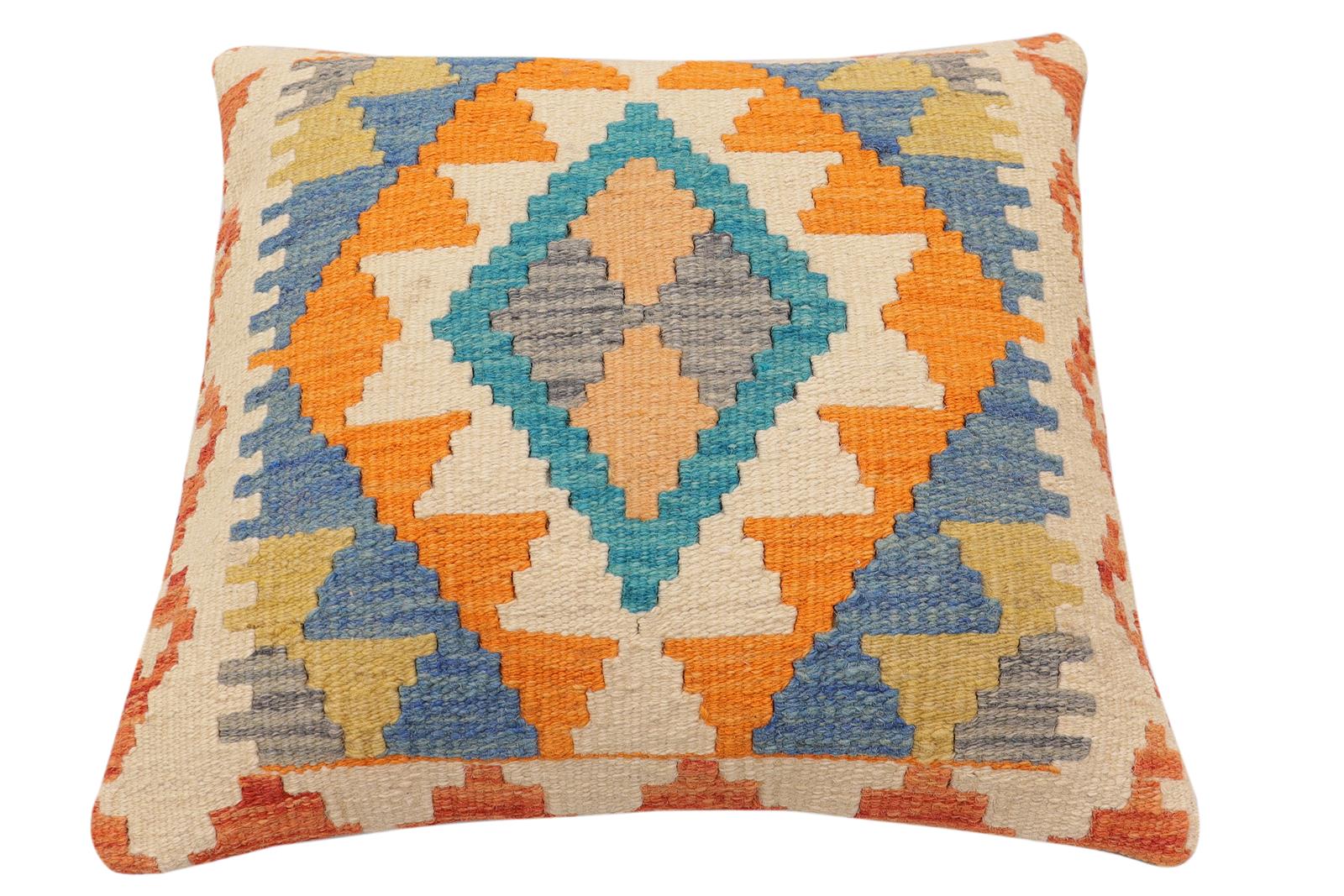 handmade Traditional Pillow Blue Beige Hand-Woven SQUARE 100% WOOL  Hand woven turkish pillow  2 x 2