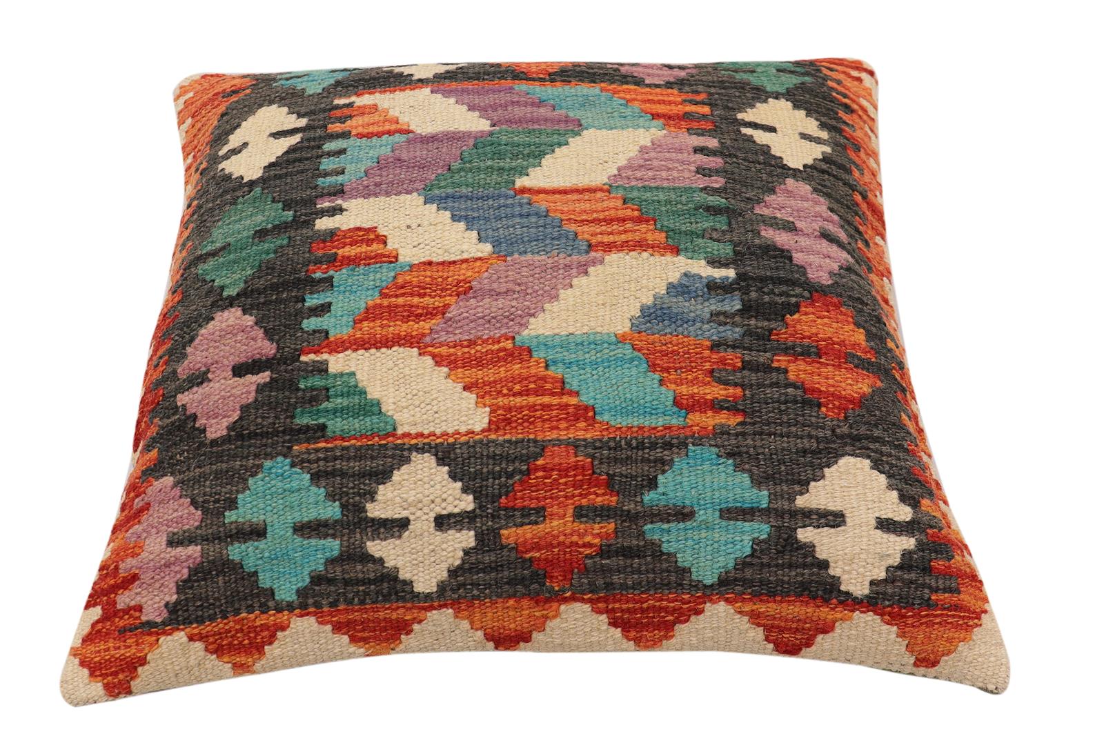 handmade Traditional Pillow Rust Blue Hand-Woven SQUARE 100% WOOL  Hand woven turkish pillow  2 x 2