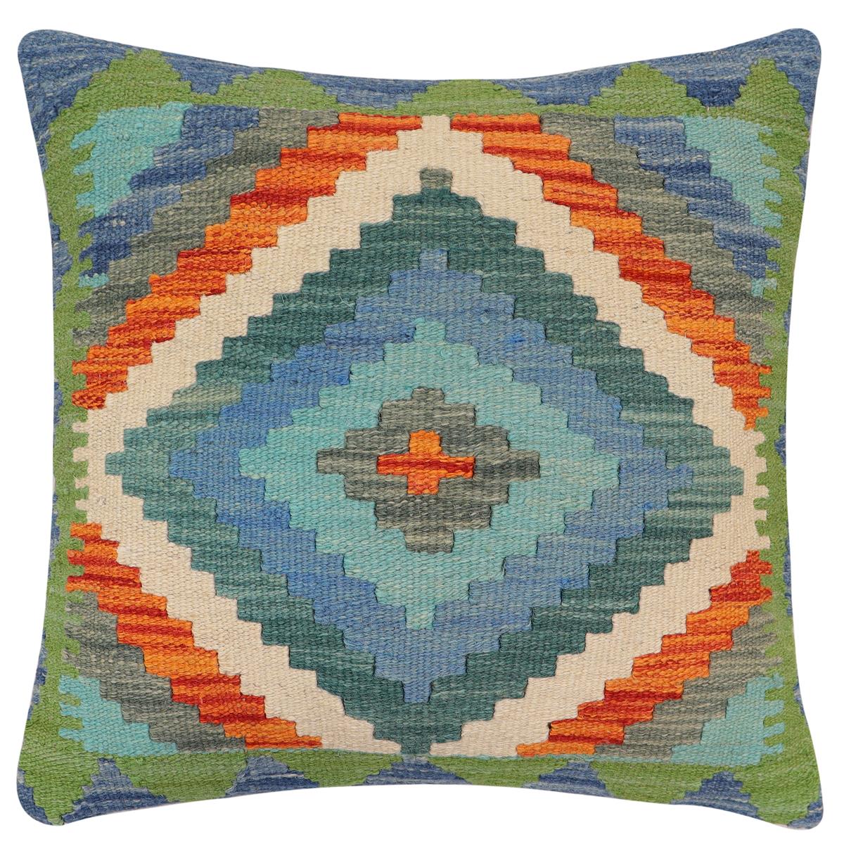 handmade Traditional Pillow Blue Rust Hand-Woven SQUARE 100% WOOL  Hand woven turkish pillow  2 x 2