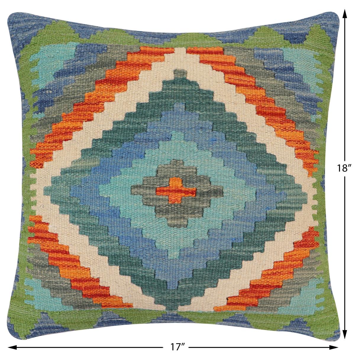 handmade Traditional Pillow Blue Rust Hand-Woven SQUARE 100% WOOL  Hand woven turkish pillow  2 x 2