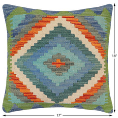 handmade Traditional Pillow Blue Rust Hand-Woven SQUARE 100% WOOL  Hand woven turkish pillow  2 x 2
