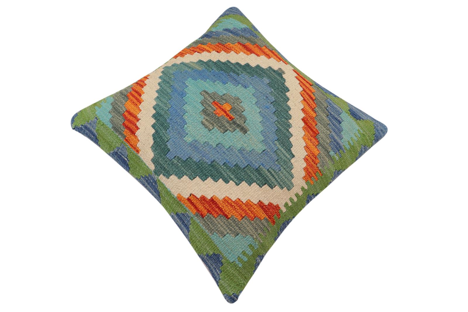 handmade Traditional Pillow Blue Rust Hand-Woven SQUARE 100% WOOL  Hand woven turkish pillow  2 x 2