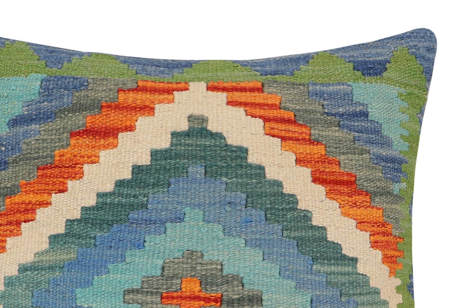 handmade Traditional Pillow Blue Rust Hand-Woven SQUARE 100% WOOL  Hand woven turkish pillow  2 x 2