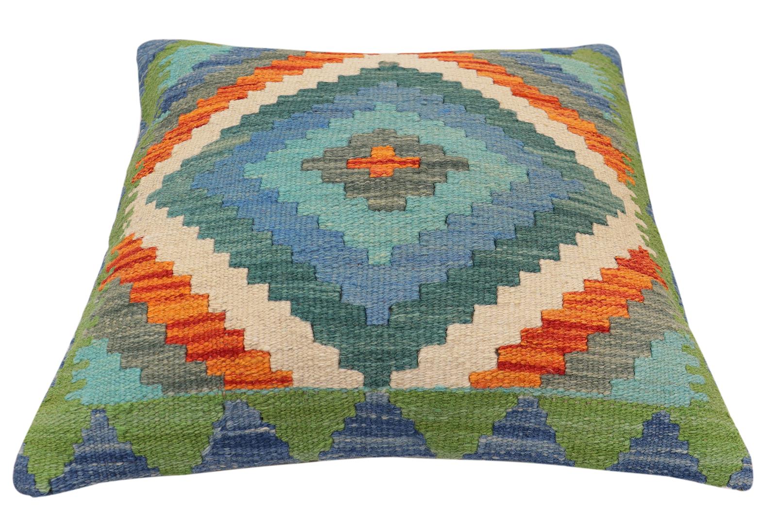 handmade Traditional Pillow Blue Rust Hand-Woven SQUARE 100% WOOL  Hand woven turkish pillow  2 x 2