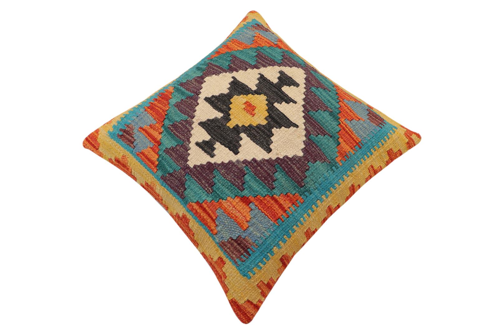 handmade Traditional Pillow Rust Blue Hand-Woven SQUARE 100% WOOL  Hand woven turkish pillow  2 x 2