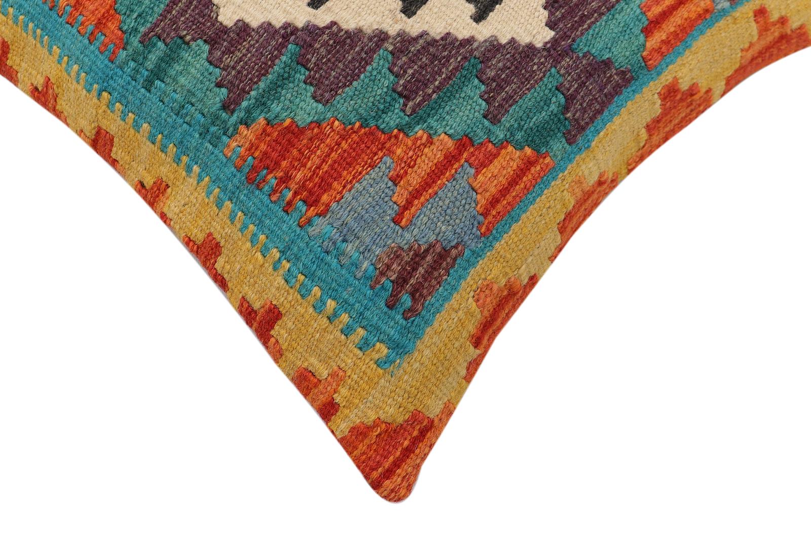 handmade Traditional Pillow Rust Blue Hand-Woven SQUARE 100% WOOL  Hand woven turkish pillow  2 x 2
