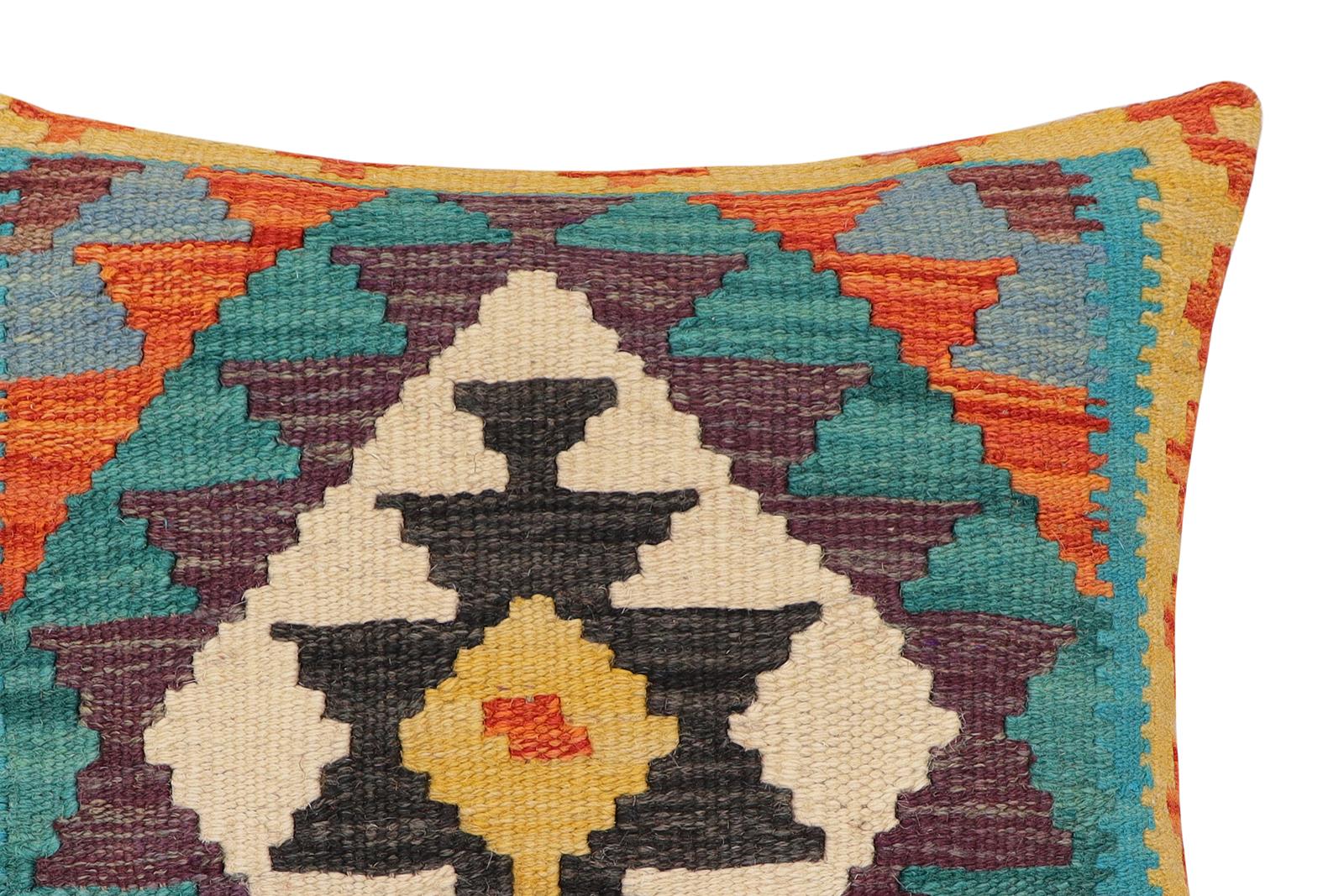 handmade Traditional Pillow Rust Blue Hand-Woven SQUARE 100% WOOL  Hand woven turkish pillow  2 x 2