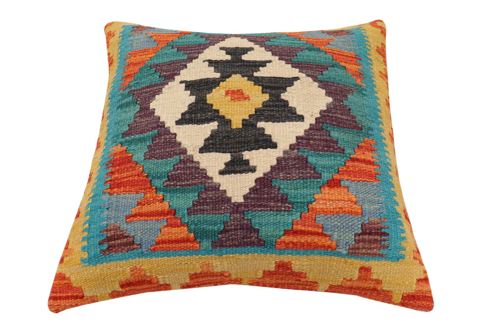 handmade Traditional Pillow Rust Blue Hand-Woven SQUARE 100% WOOL  Hand woven turkish pillow  2 x 2