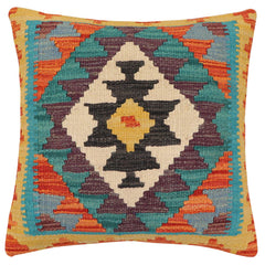 handmade Traditional Pillow Rust Blue Hand-Woven SQUARE 100% WOOL  Hand woven turkish pillow  2 x 2