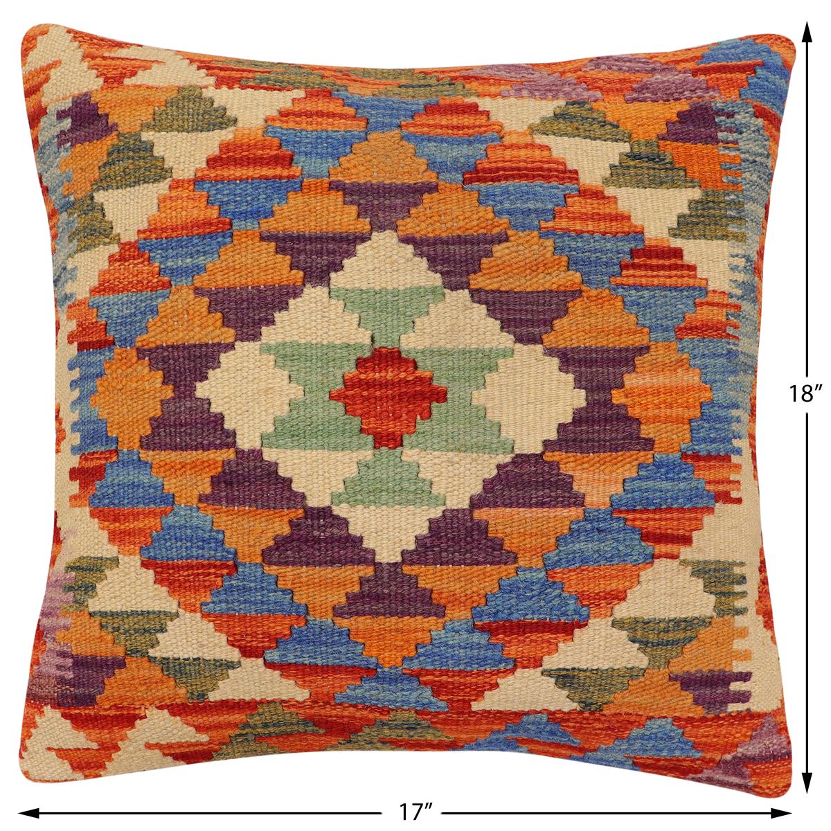 handmade Traditional Pillow Rust Blue Hand-Woven SQUARE 100% WOOL  Hand woven turkish pillow  2 x 2