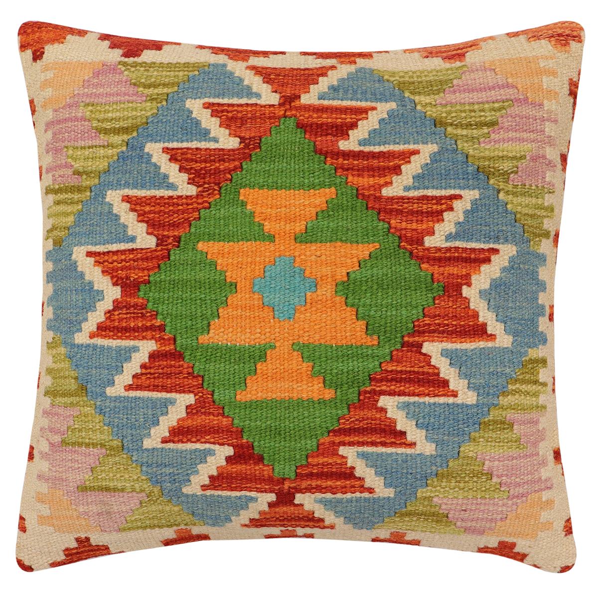 handmade Traditional Pillow Rust Blue Hand-Woven SQUARE 100% WOOL  Hand woven turkish pillow  2 x 2