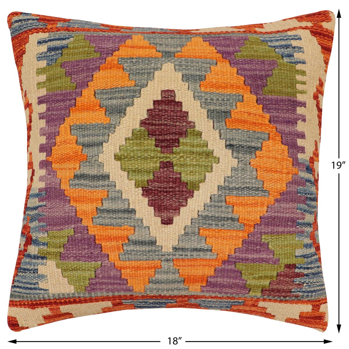 handmade Traditional Pillow Rust Blue Hand-Woven SQUARE 100% WOOL  Hand woven turkish pillow  2 x 2
