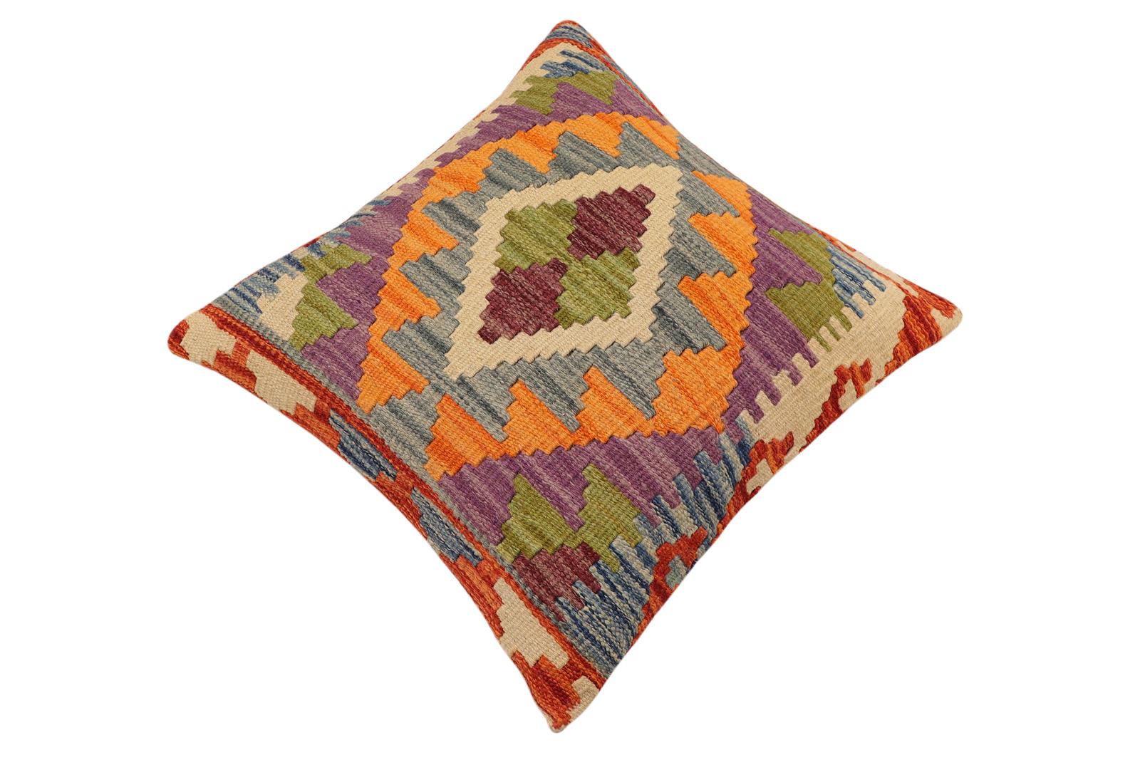 handmade Traditional Pillow Rust Blue Hand-Woven SQUARE 100% WOOL  Hand woven turkish pillow  2 x 2