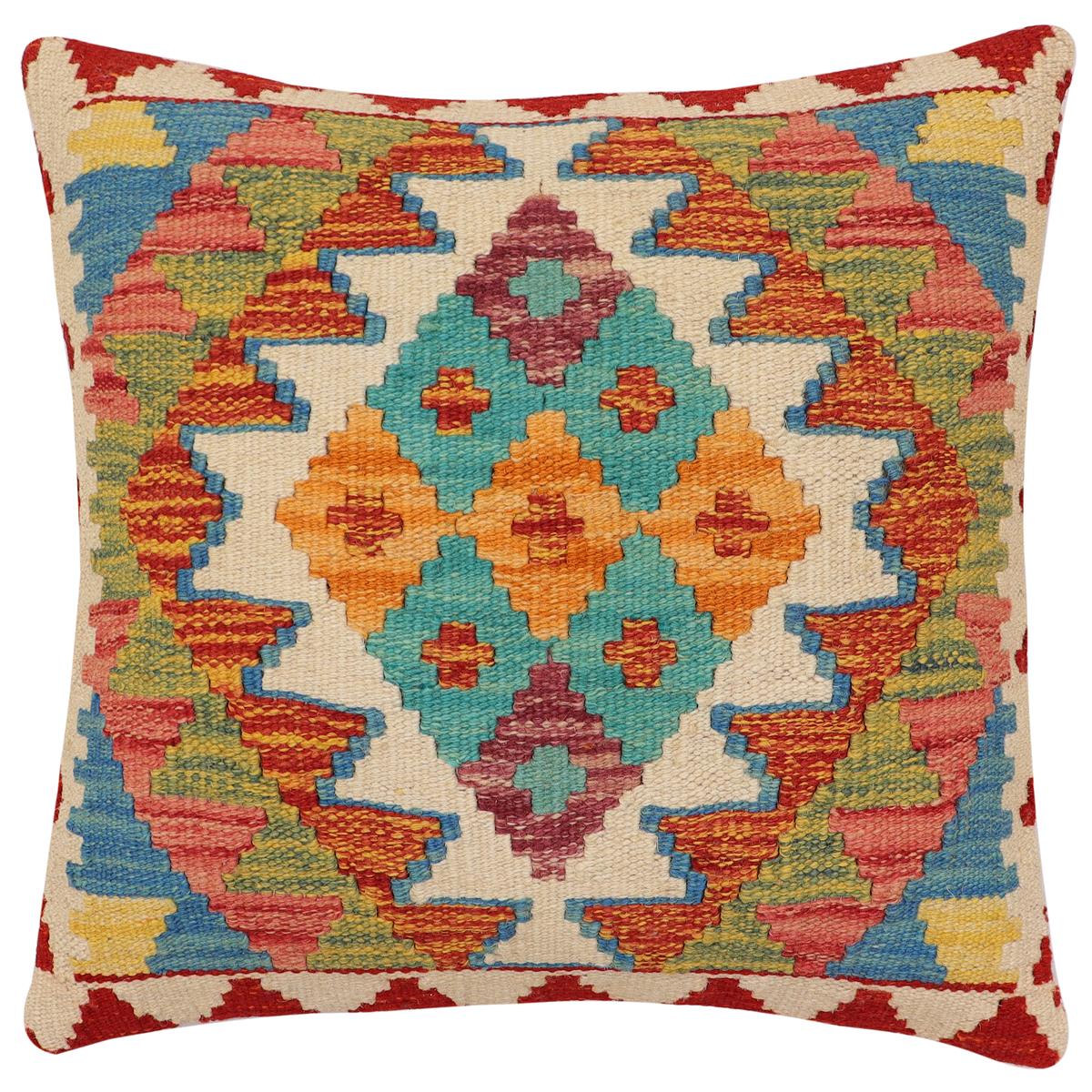 handmade Traditional Pillow Rust Blue Hand-Woven SQUARE 100% WOOL  Hand woven turkish pillow  2 x 2