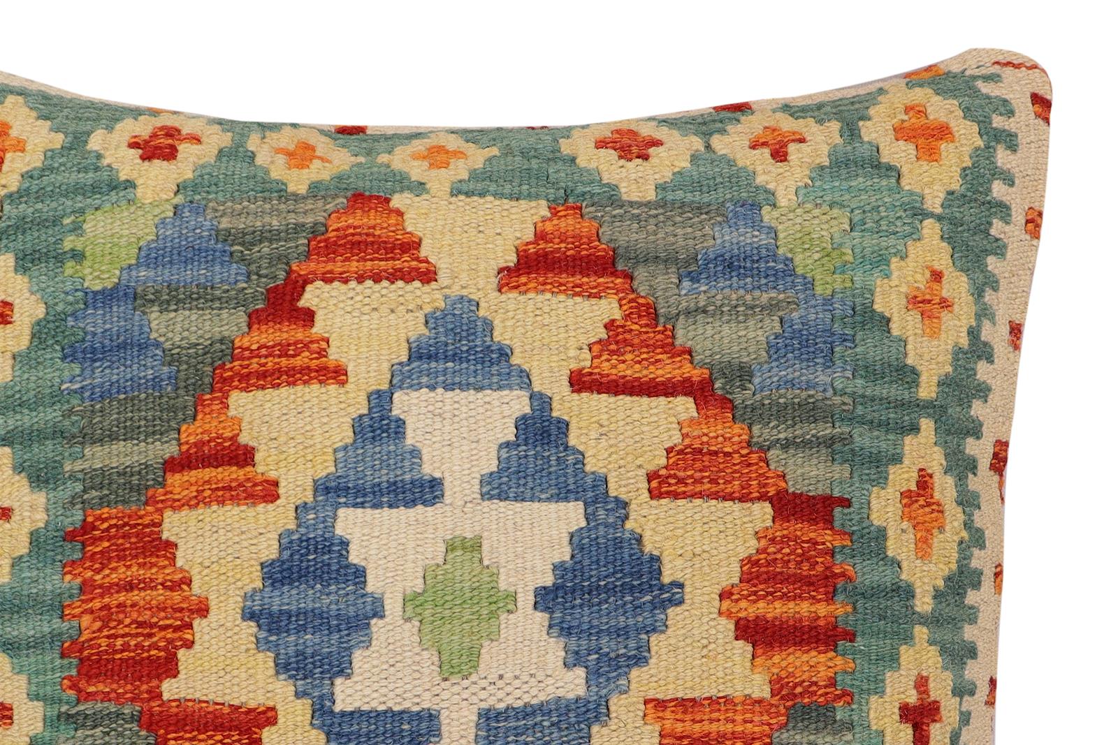 handmade Traditional Pillow Rust Blue Hand-Woven SQUARE 100% WOOL  Hand woven turkish pillow  PILLOW