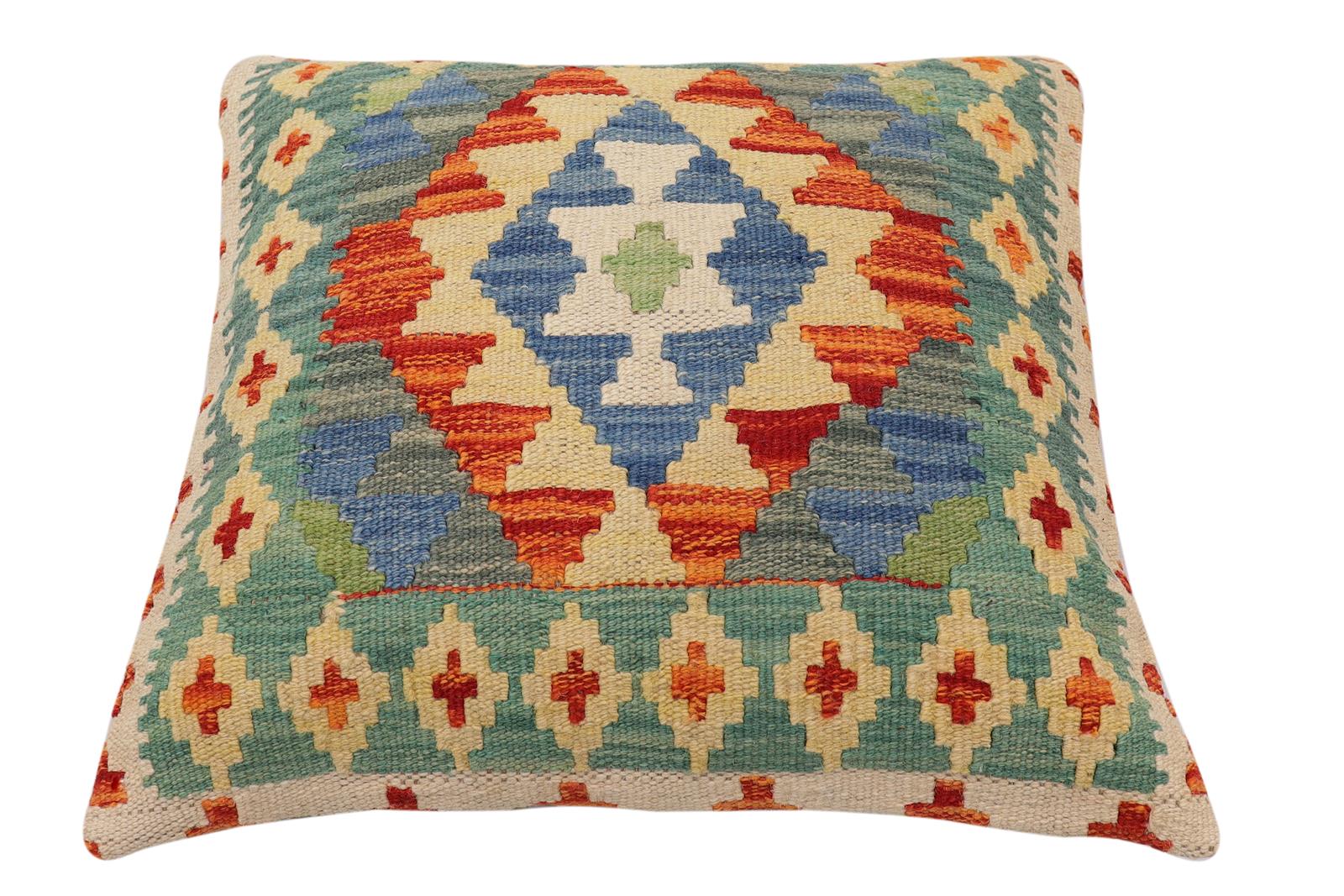 handmade Traditional Pillow Rust Blue Hand-Woven SQUARE 100% WOOL  Hand woven turkish pillow  PILLOW