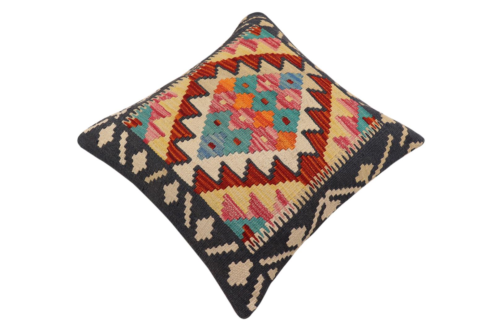 handmade Traditional Pillow Rust Blue Hand-Woven SQUARE 100% WOOL  Hand woven turkish pillow  PILLOW