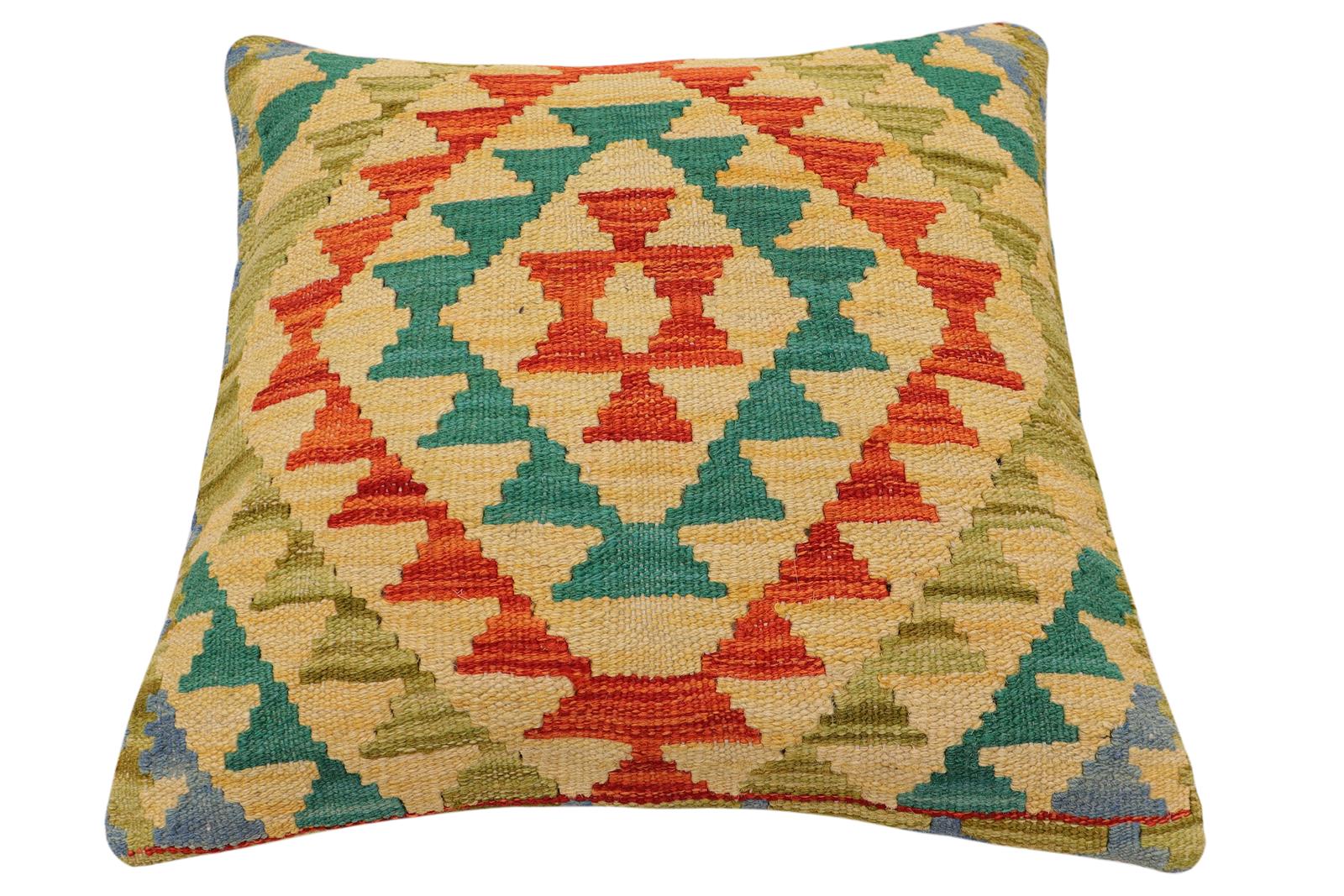 handmade Traditional Pillow Rust Blue Hand-Woven SQUARE 100% WOOL  Hand woven turkish pillow  2 x 2