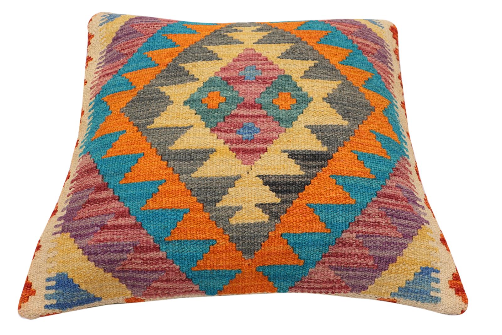 handmade Traditional Pillow Rust Blue Hand-Woven SQUARE 100% WOOL  Hand woven turkish pillow  PILLOW