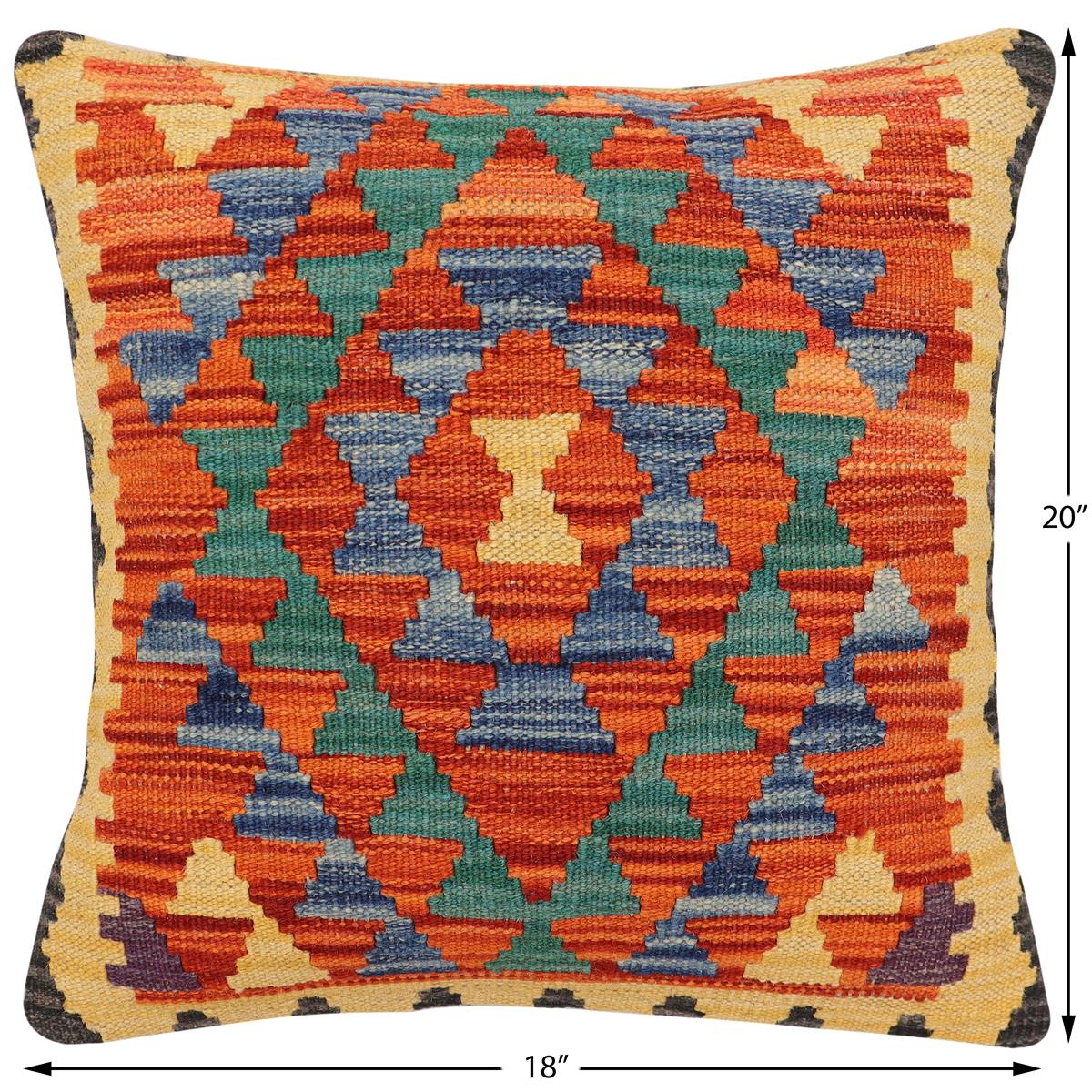 handmade Traditional Pillow Rust Blue Hand-Woven SQUARE 100% WOOL  Hand woven turkish pillow  2 x 2