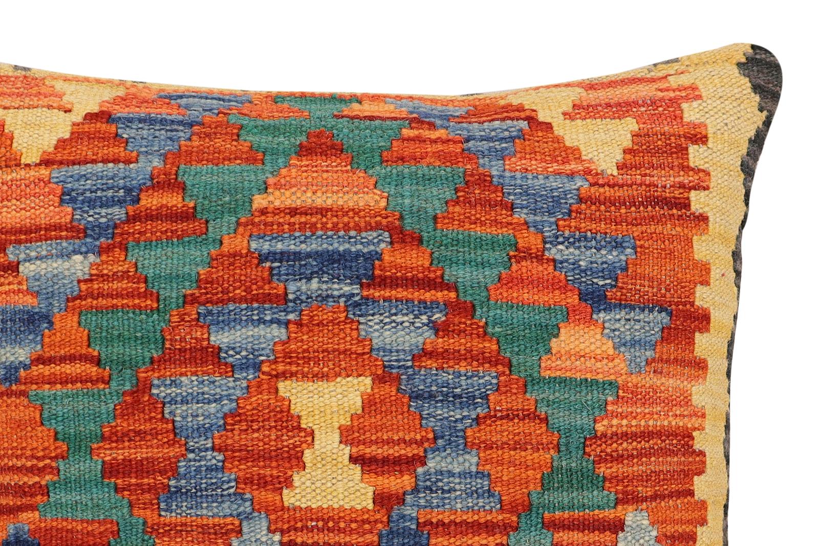 handmade Traditional Pillow Rust Blue Hand-Woven SQUARE 100% WOOL  Hand woven turkish pillow  2 x 2