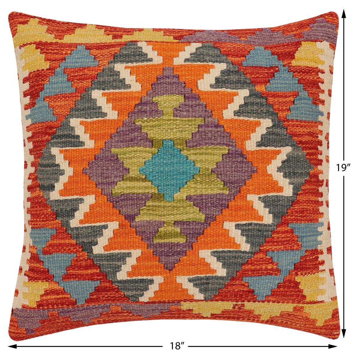 handmade Traditional Pillow Rust Blue Hand-Woven SQUARE 100% WOOL  Hand woven turkish pillow  2 x 2