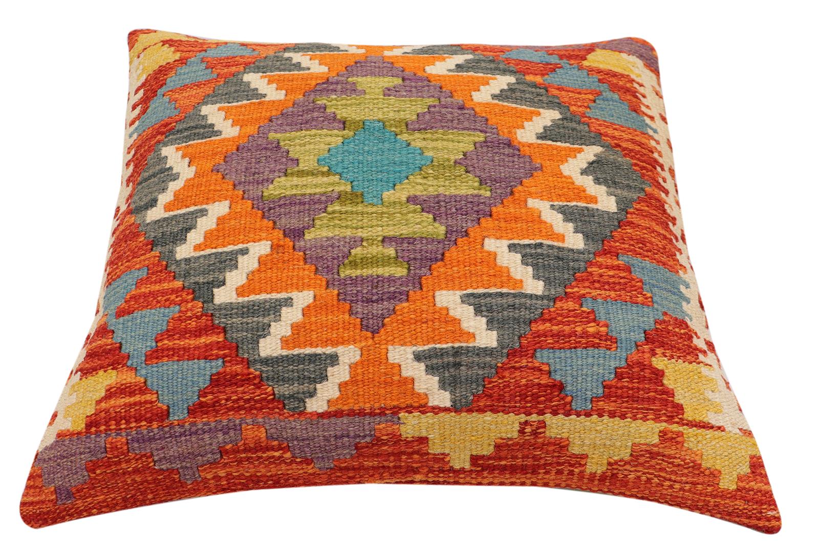 handmade Traditional Pillow Rust Blue Hand-Woven SQUARE 100% WOOL  Hand woven turkish pillow  2 x 2