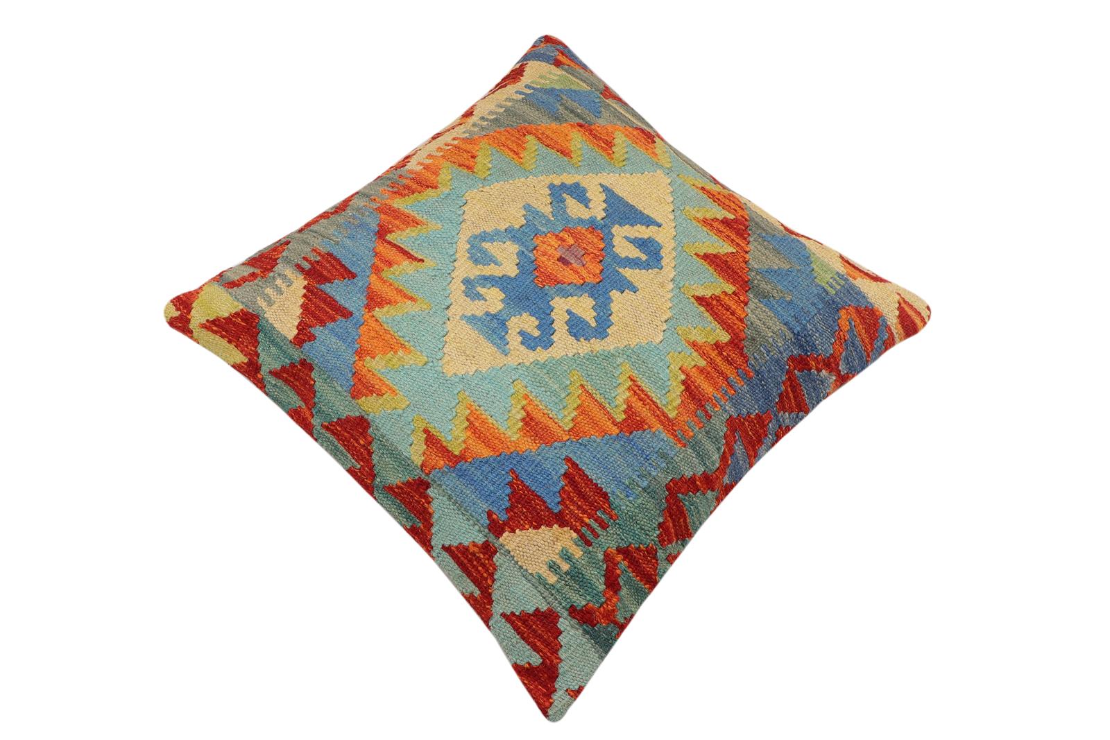 handmade Traditional Pillow Rust Blue Hand-Woven SQUARE 100% WOOL  Hand woven turkish pillow  2 x 2