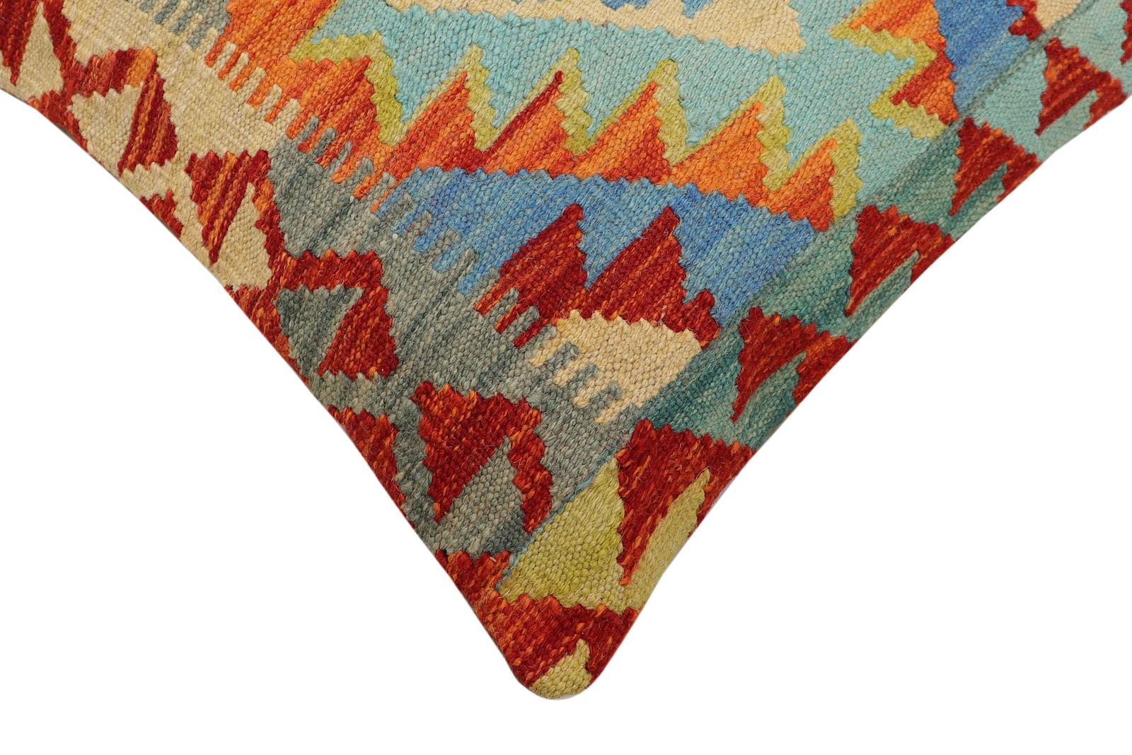 handmade Traditional Pillow Rust Blue Hand-Woven SQUARE 100% WOOL  Hand woven turkish pillow  2 x 2