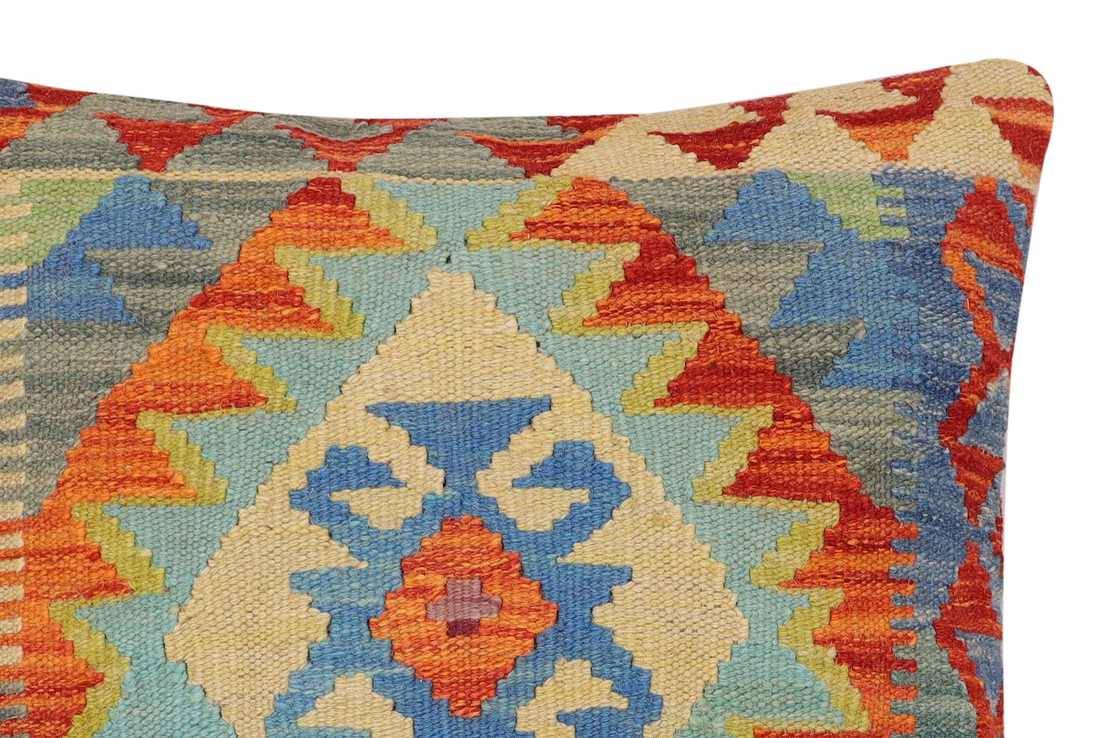 handmade Traditional Pillow Rust Blue Hand-Woven SQUARE 100% WOOL  Hand woven turkish pillow  2 x 2