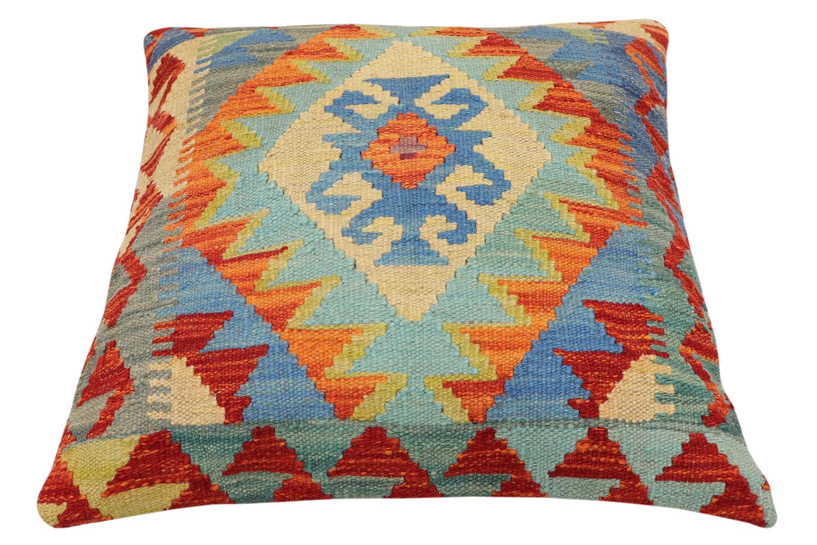 handmade Traditional Pillow Rust Blue Hand-Woven SQUARE 100% WOOL  Hand woven turkish pillow  2 x 2