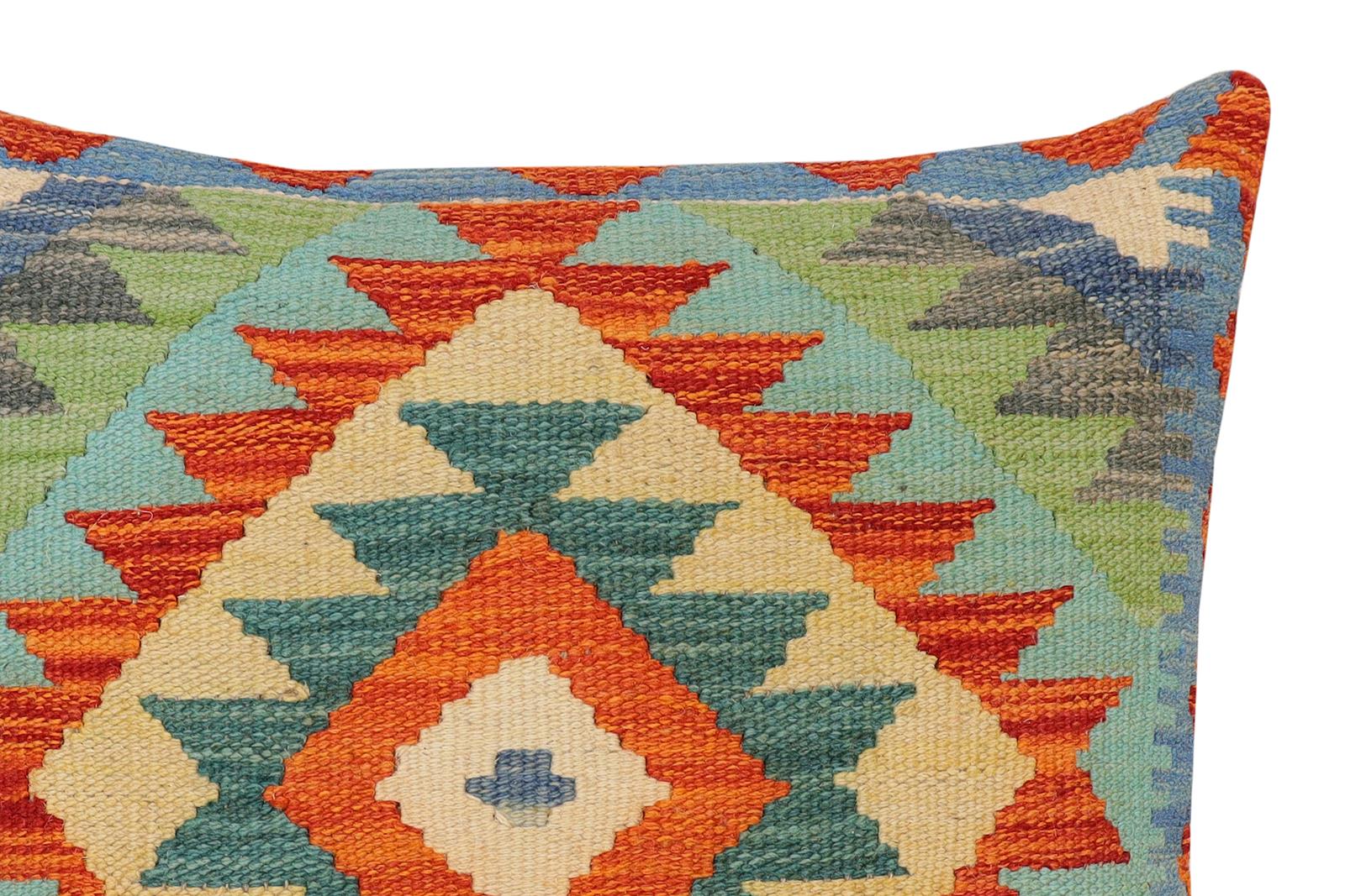 handmade Traditional Pillow Rust Blue Hand-Woven SQUARE 100% WOOL  Hand woven turkish pillow  2 x 2
