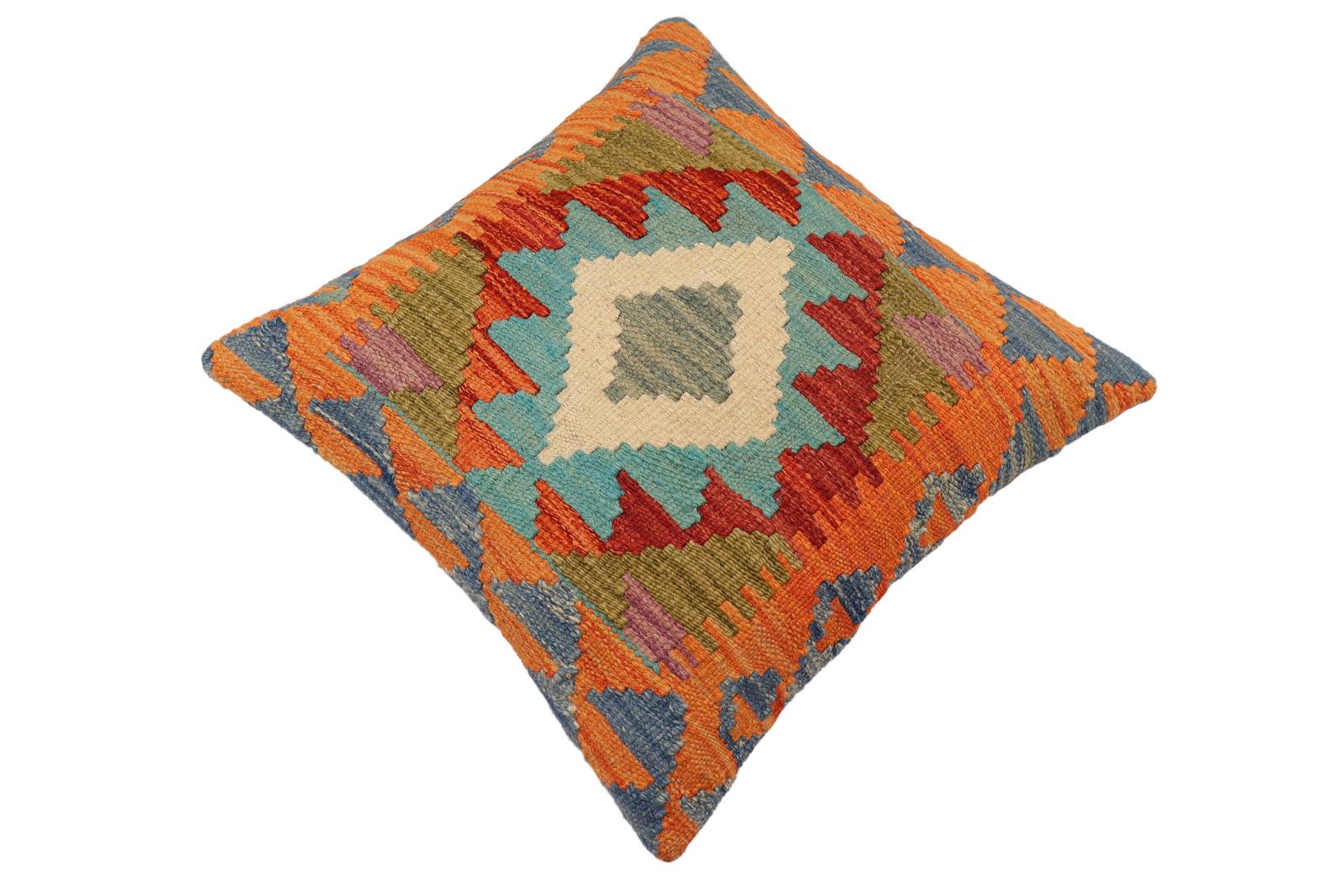 handmade Traditional Pillow Rust Blue Hand-Woven SQUARE 100% WOOL  Hand woven turkish pillow  2 x 2