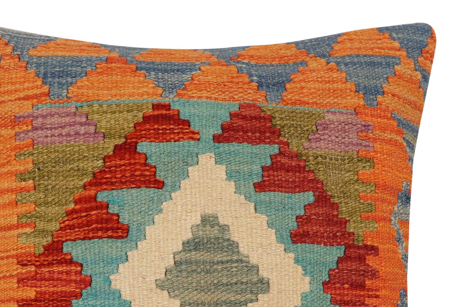 handmade Traditional Pillow Rust Blue Hand-Woven SQUARE 100% WOOL  Hand woven turkish pillow  2 x 2