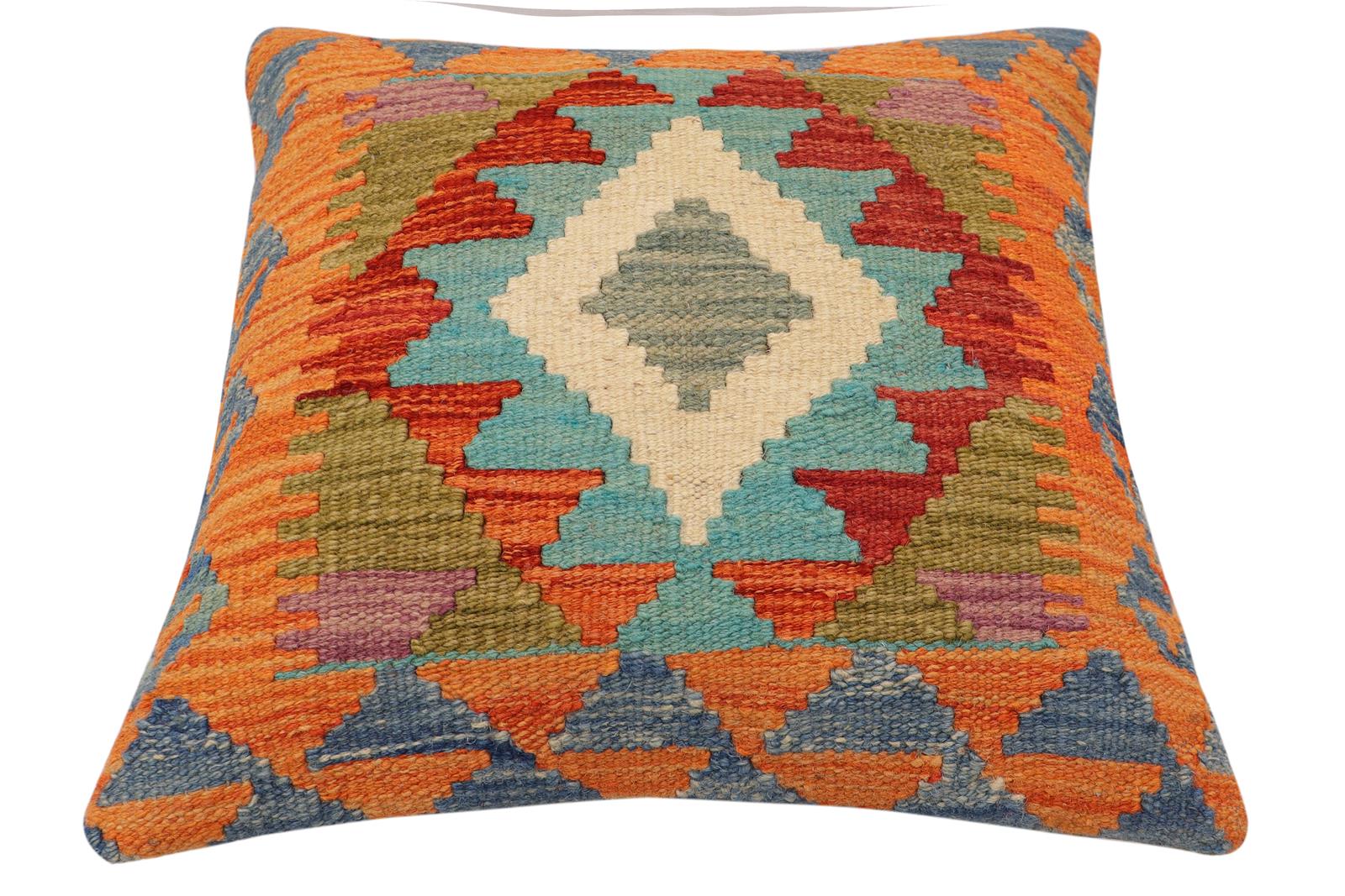 handmade Traditional Pillow Rust Blue Hand-Woven SQUARE 100% WOOL  Hand woven turkish pillow  2 x 2