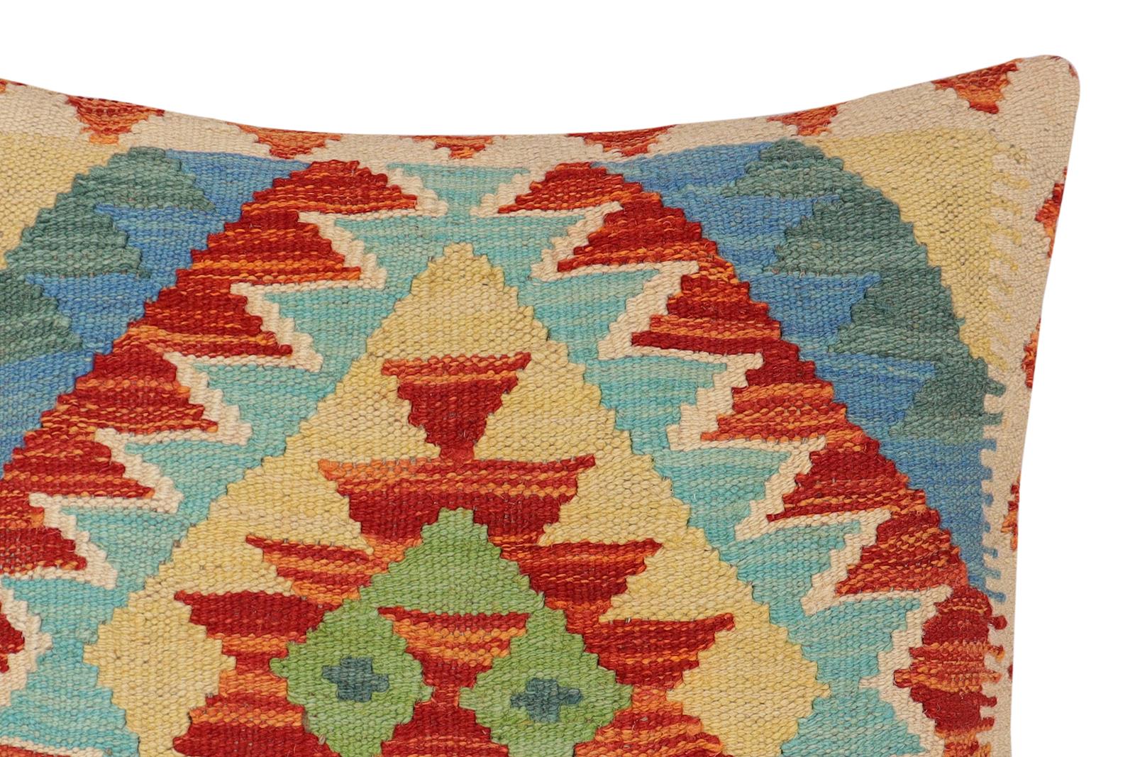 handmade Traditional Pillow Rust Blue Hand-Woven SQUARE 100% WOOL  Hand woven turkish pillow  PILLOW