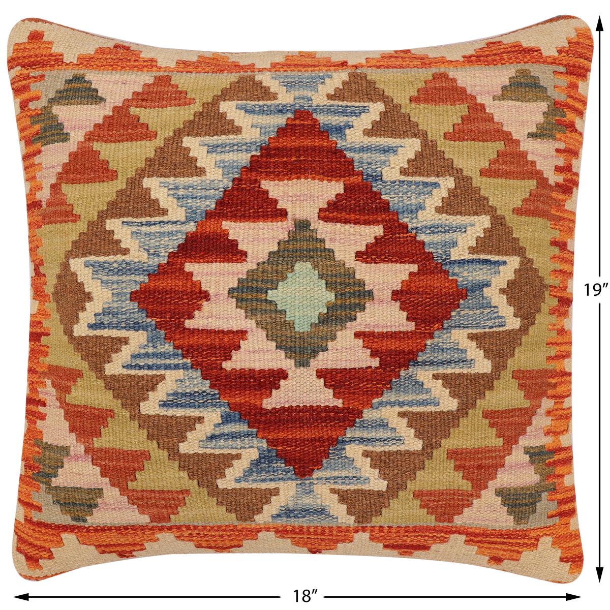 handmade Traditional Pillow Rust Blue Hand-Woven SQUARE 100% WOOL  Hand woven turkish pillow  2 x 2